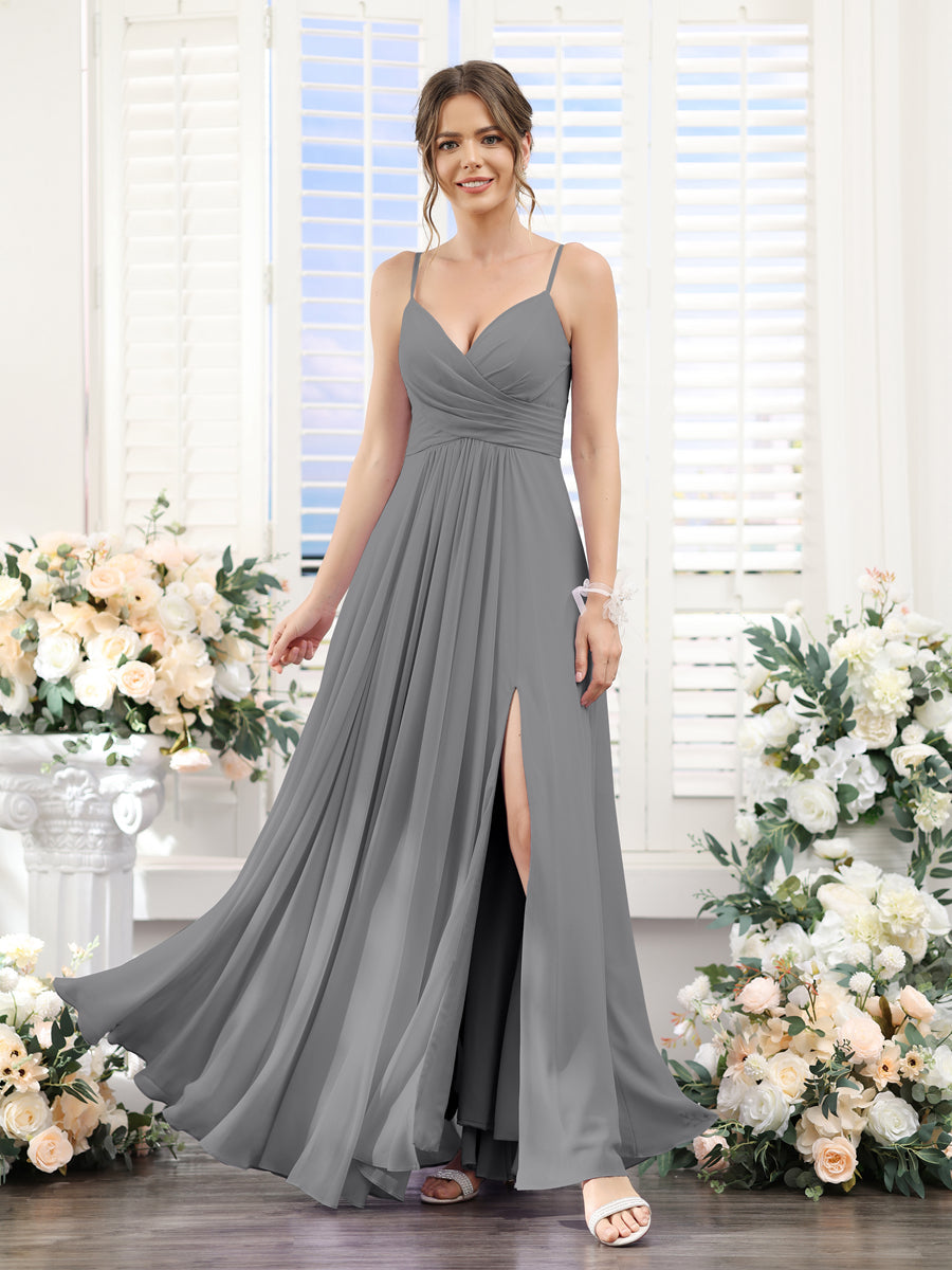 A-Line V-Neck Spaghetti Straps Sleeveless Split Side Floor-Length Chiffon Bridesmaid Dresses Gray