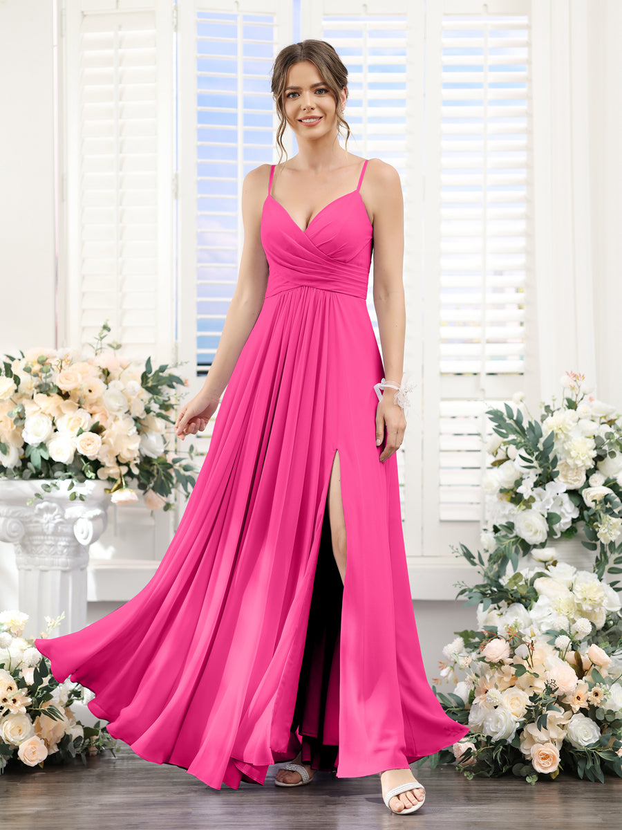 A-Line V-Neck Spaghetti Straps Sleeveless Split Side Floor-Length Chiffon Bridesmaid Dresses Hot Pink