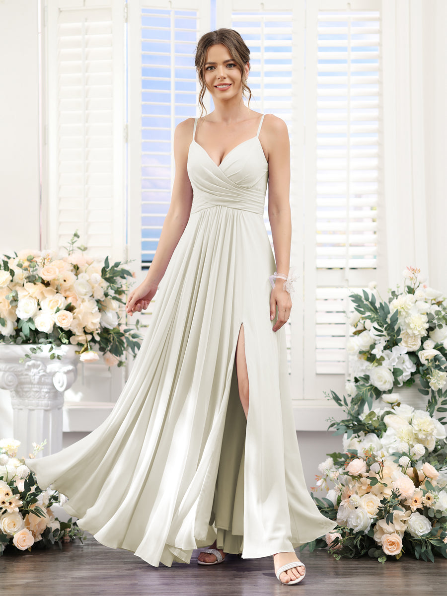 A-Line V-Neck Spaghetti Straps Sleeveless Split Side Floor-Length Chiffon Bridesmaid Dresses Ivory