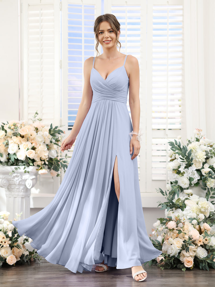 A-Line V-Neck Spaghetti Straps Sleeveless Split Side Floor-Length Chiffon Bridesmaid Dresses Lavender