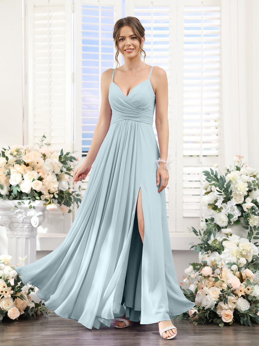A-Line V-Neck Spaghetti Straps Sleeveless Split Side Floor-Length Chiffon Bridesmaid Dresses Light Blue