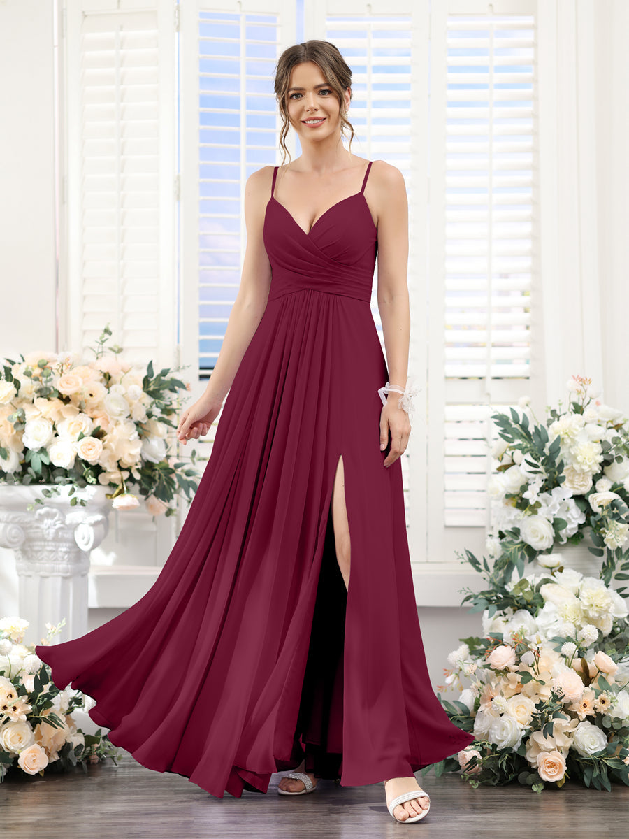 A-Line V-Neck Spaghetti Straps Sleeveless Split Side Floor-Length Chiffon Bridesmaid Dresses Light Burgundy