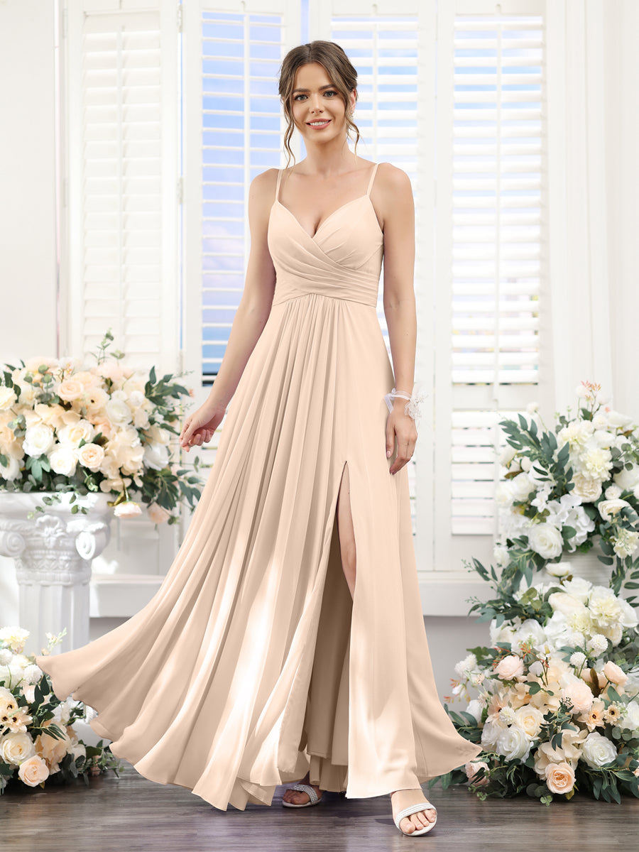 A-Line V-Neck Spaghetti Straps Sleeveless Split Side Floor-Length Chiffon Bridesmaid Dresses Light Champagne
