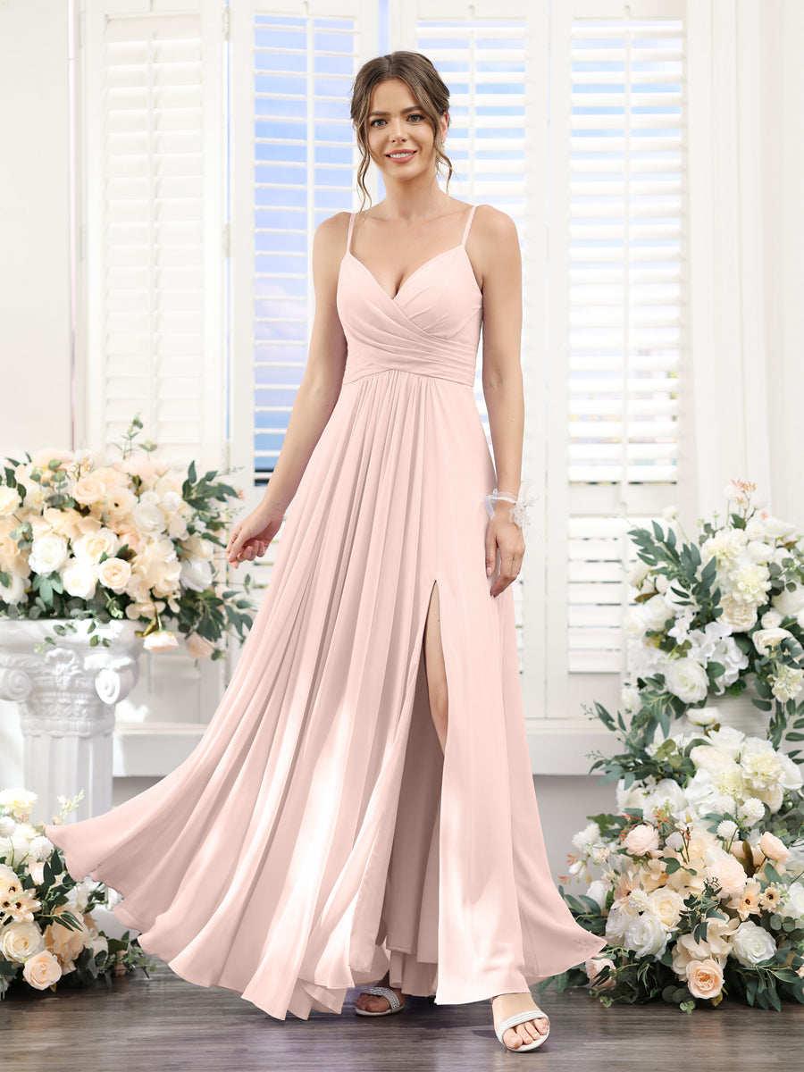 A-Line V-Neck Spaghetti Straps Sleeveless Split Side Floor-Length Chiffon Bridesmaid Dresses Light Pink