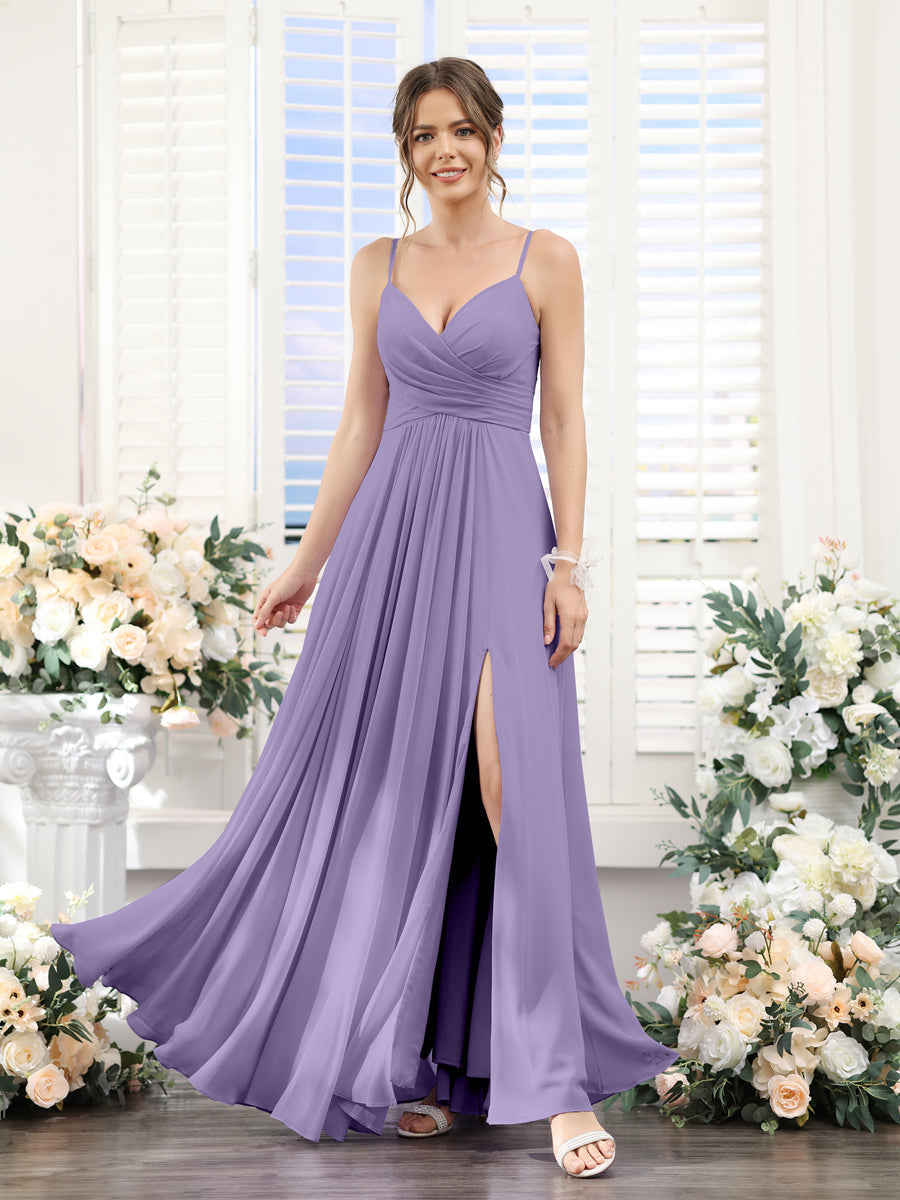 A-Line V-Neck Spaghetti Straps Sleeveless Split Side Floor-Length Chiffon Bridesmaid Dresses Light Purple