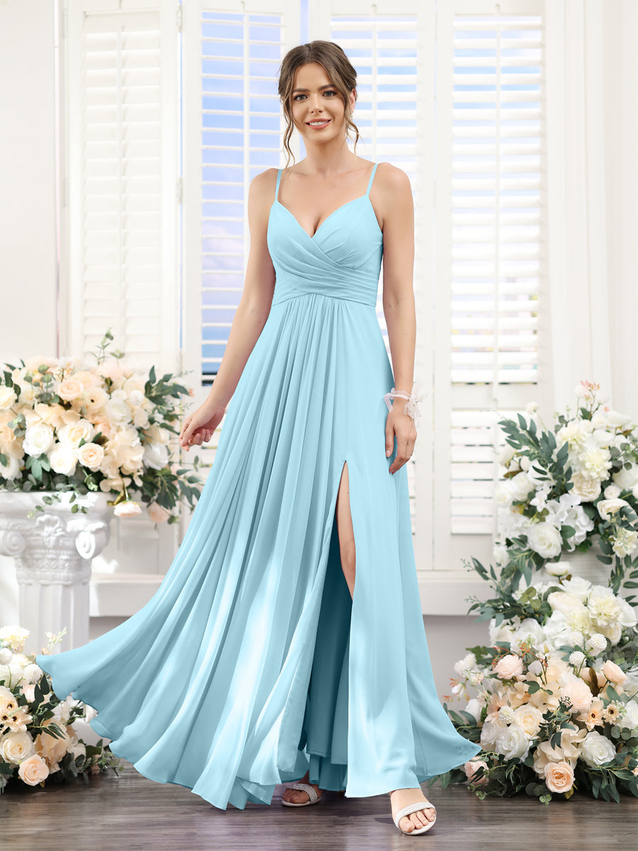 A-Line V-Neck Spaghetti Straps Sleeveless Split Side Floor-Length Chiffon Bridesmaid Dresses Light Sky Blue