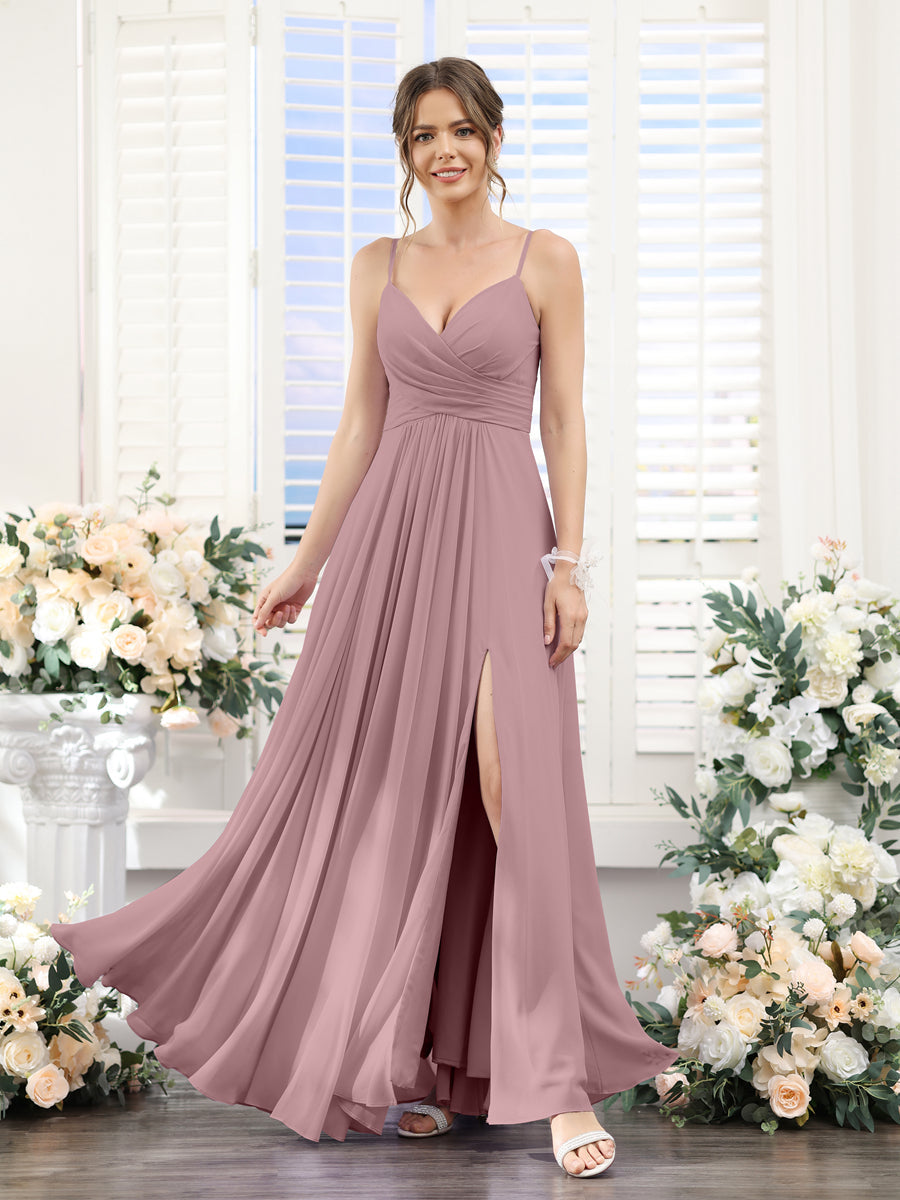 A-Line V-Neck Spaghetti Straps Sleeveless Split Side Floor-Length Chiffon Bridesmaid Dresses Mauve