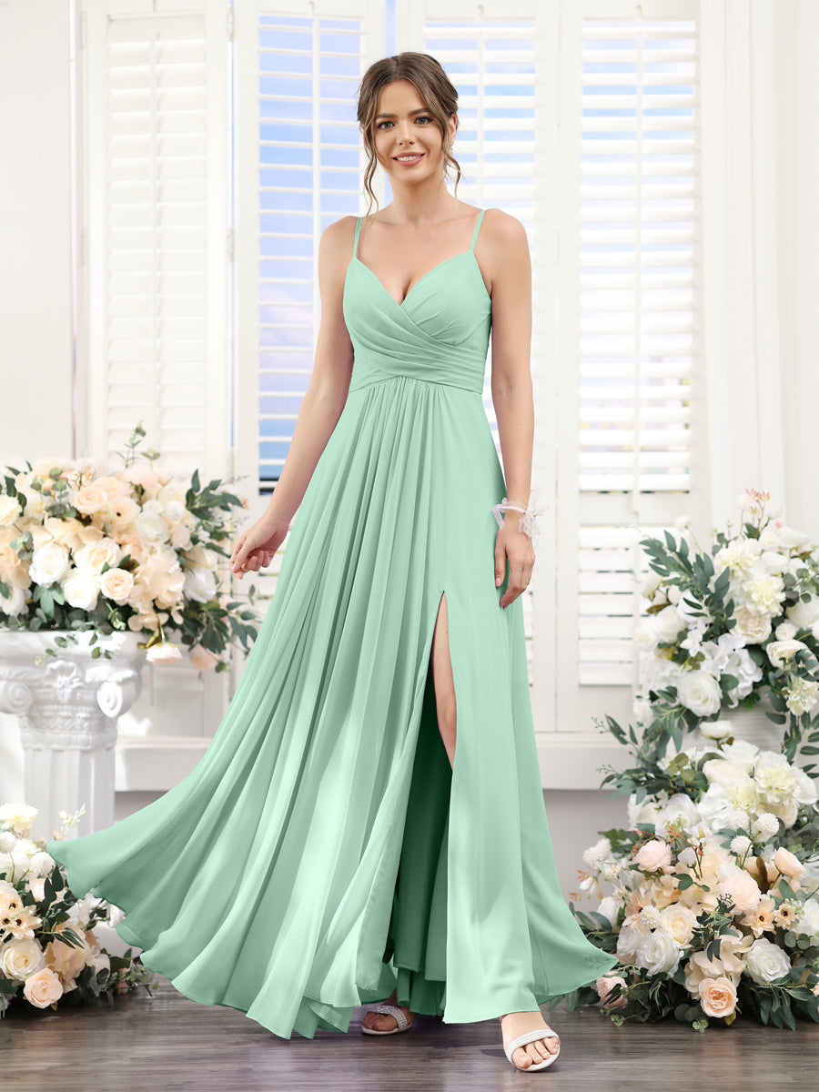 A-Line V-Neck Spaghetti Straps Sleeveless Split Side Floor-Length Chiffon Bridesmaid Dresses Mint Green