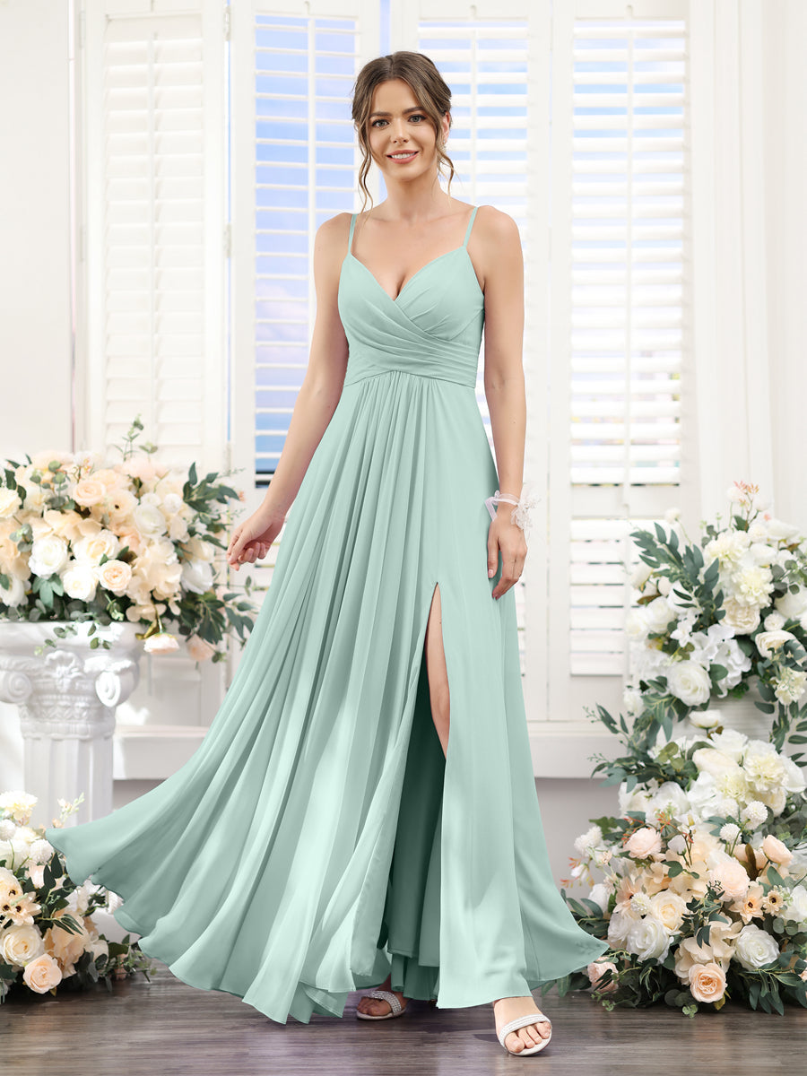 A-Line V-Neck Spaghetti Straps Sleeveless Split Side Floor-Length Chiffon Bridesmaid Dresses Mist Blue