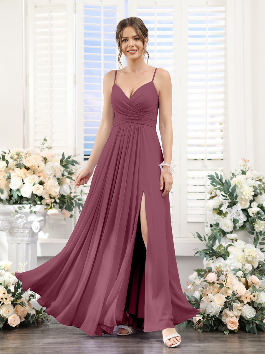 A-Line V-Neck Spaghetti Straps Sleeveless Split Side Floor-Length Chiffon Bridesmaid Dresses Mulberry