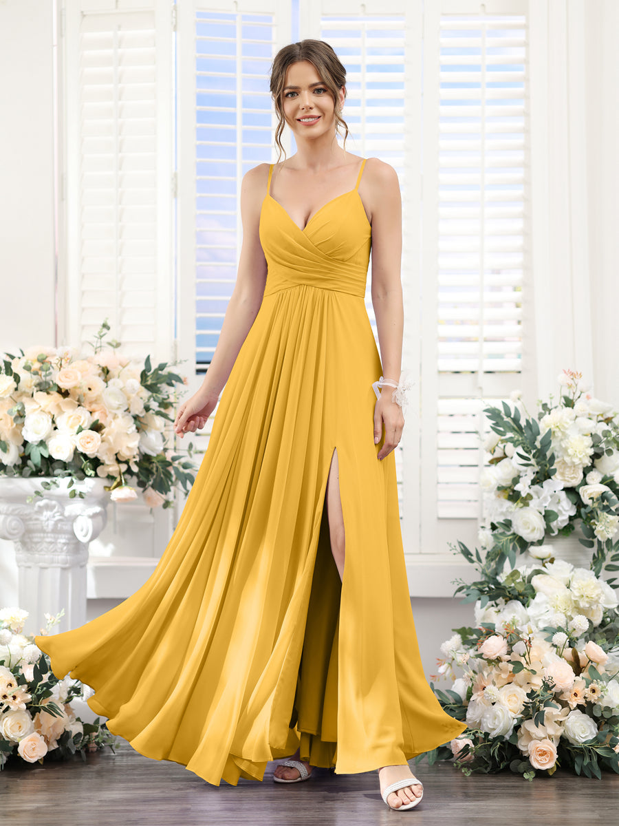 A-Line V-Neck Spaghetti Straps Sleeveless Split Side Floor-Length Chiffon Bridesmaid Dresses Mustard Yellow