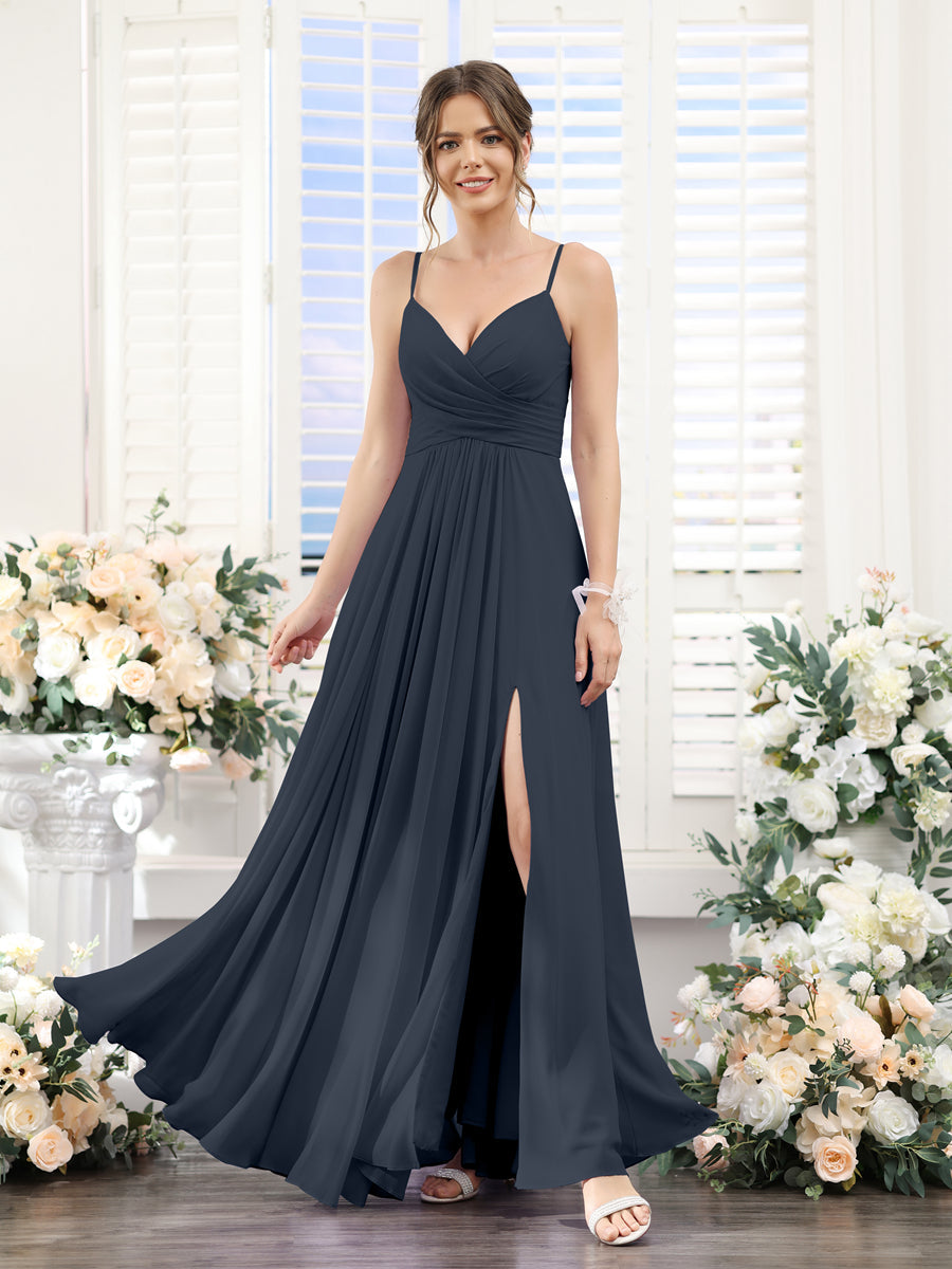 A-Line V-Neck Spaghetti Straps Sleeveless Split Side Floor-Length Chiffon Bridesmaid Dresses Navy Blue