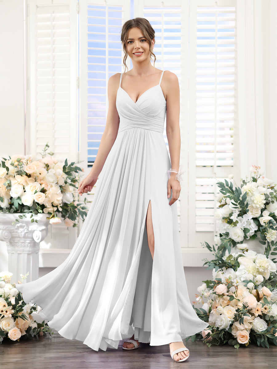 A-Line V-Neck Spaghetti Straps Sleeveless Split Side Floor-Length Chiffon Bridesmaid Dresses Off White
