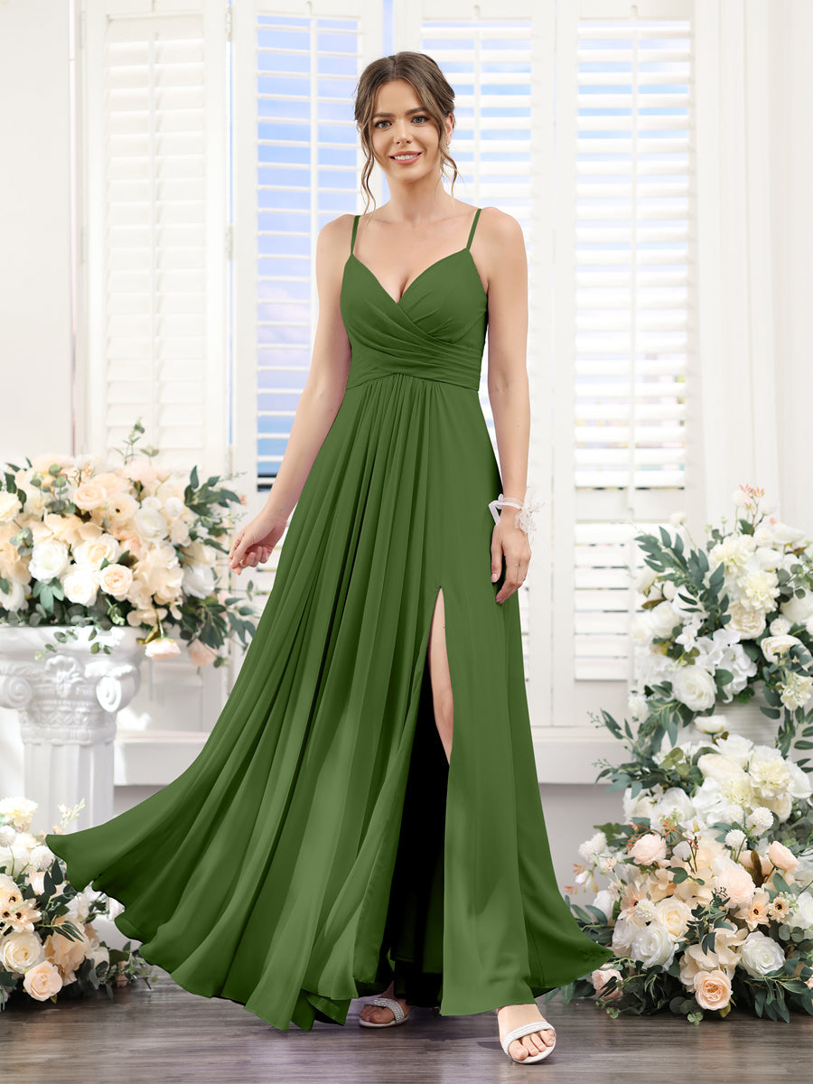 A-Line V-Neck Spaghetti Straps Sleeveless Split Side Floor-Length Chiffon Bridesmaid Dresses Olive Green