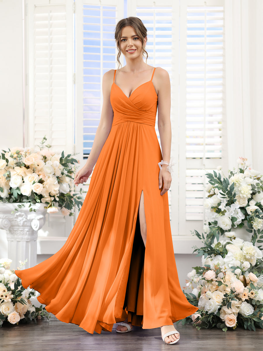A-Line V-Neck Spaghetti Straps Sleeveless Split Side Floor-Length Chiffon Bridesmaid Dresses Orange