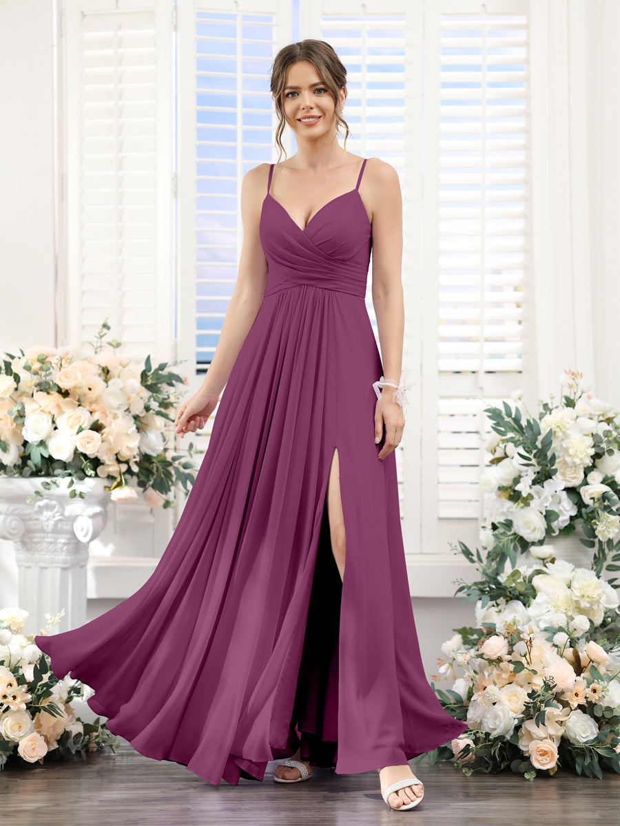 A-Line V-Neck Spaghetti Straps Sleeveless Split Side Floor-Length Chiffon Bridesmaid Dresses Orchid