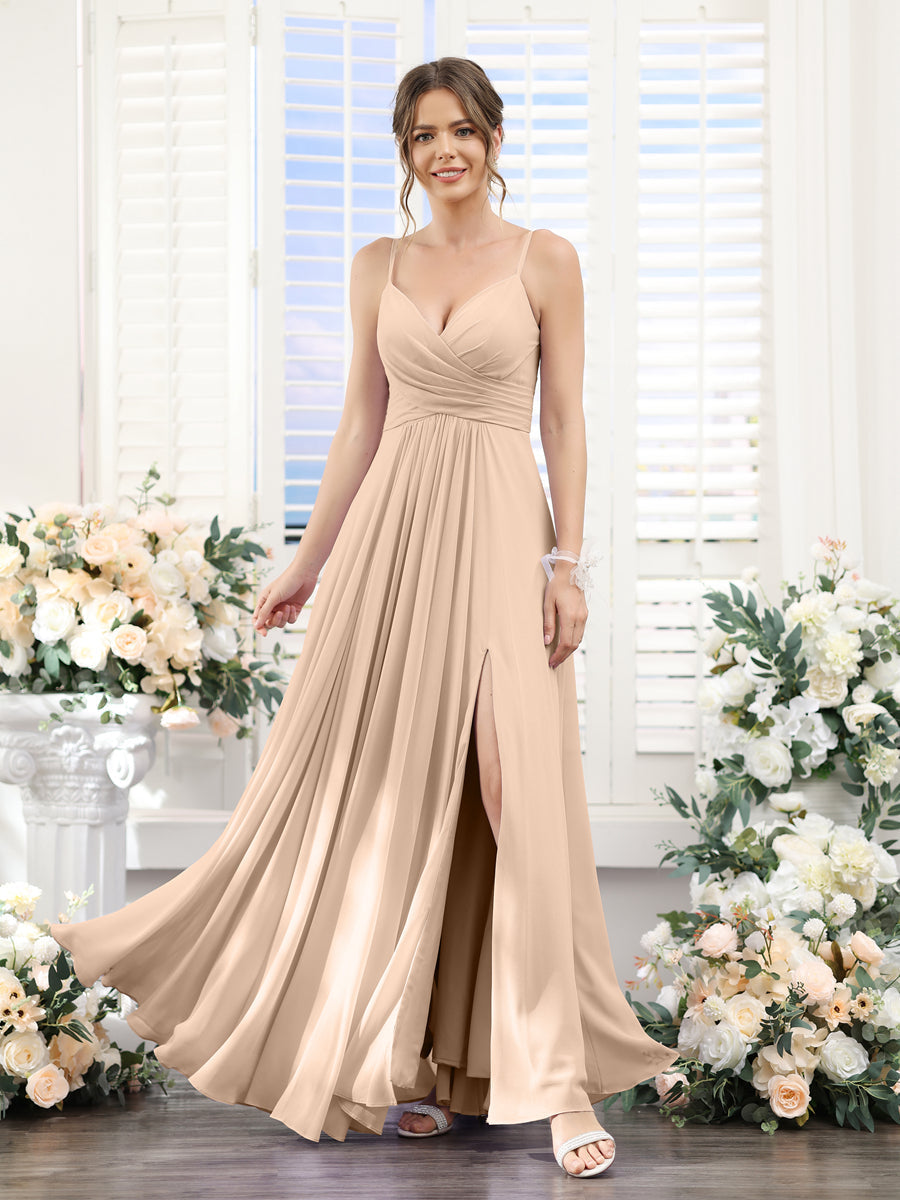 A-Line V-Neck Spaghetti Straps Sleeveless Split Side Floor-Length Chiffon Bridesmaid Dresses Peach Pink
