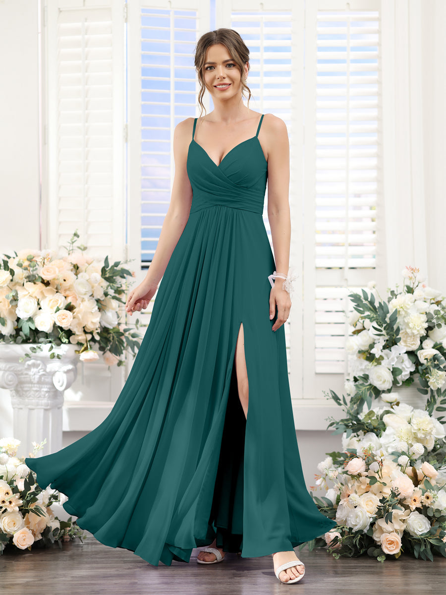 A-Line V-Neck Spaghetti Straps Sleeveless Split Side Floor-Length Chiffon Bridesmaid Dresses Peacock