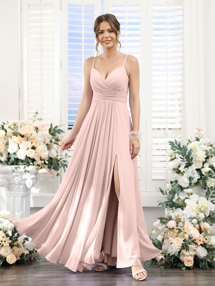 A-Line V-Neck Spaghetti Straps Sleeveless Split Side Floor-Length Chiffon Bridesmaid Dresses Pearl Pink