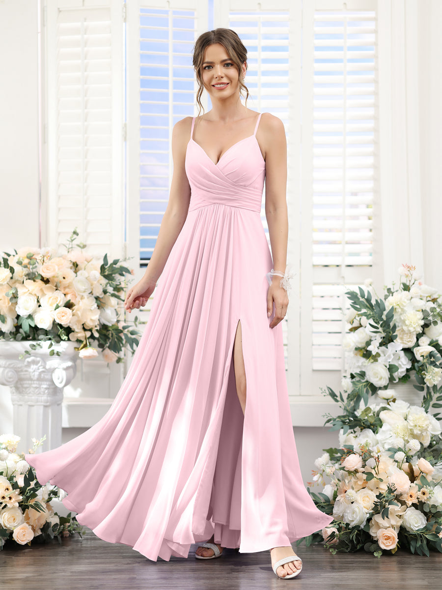 A-Line V-Neck Spaghetti Straps Sleeveless Split Side Floor-Length Chiffon Bridesmaid Dresses Pink