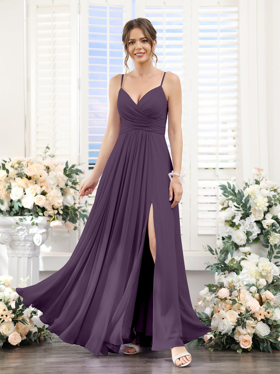 A-Line V-Neck Spaghetti Straps Sleeveless Split Side Floor-Length Chiffon Bridesmaid Dresses Plum
