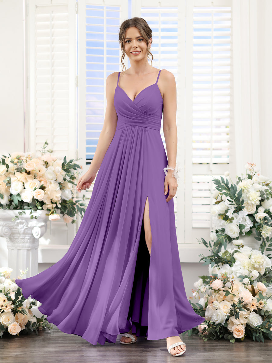 A-Line V-Neck Spaghetti Straps Sleeveless Split Side Floor-Length Chiffon Bridesmaid Dresses Purple