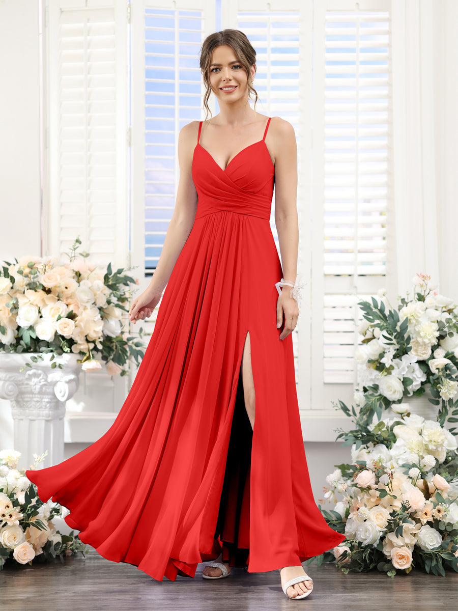 A-Line V-Neck Spaghetti Straps Sleeveless Split Side Floor-Length Chiffon Bridesmaid Dresses Red