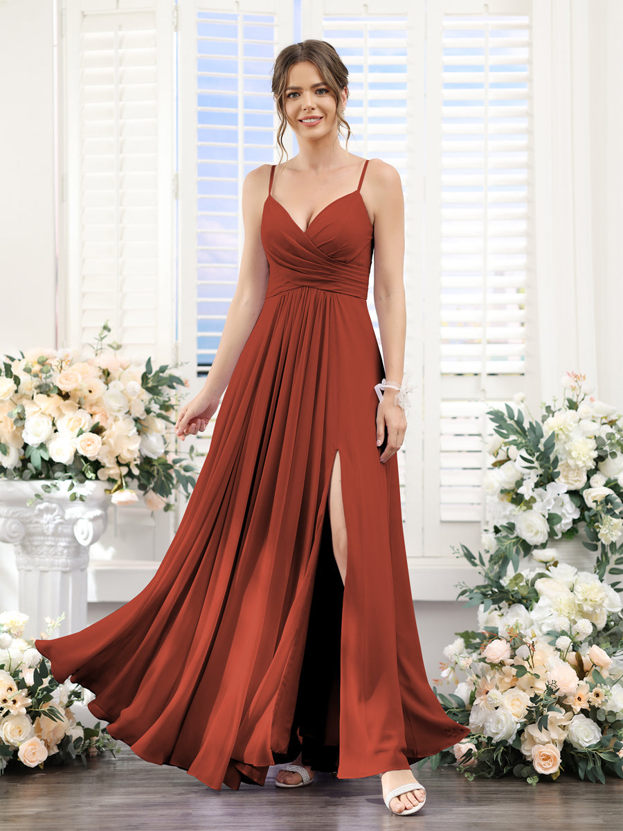 A-Line V-Neck Spaghetti Straps Sleeveless Split Side Floor-Length Chiffon Bridesmaid Dresses Rust