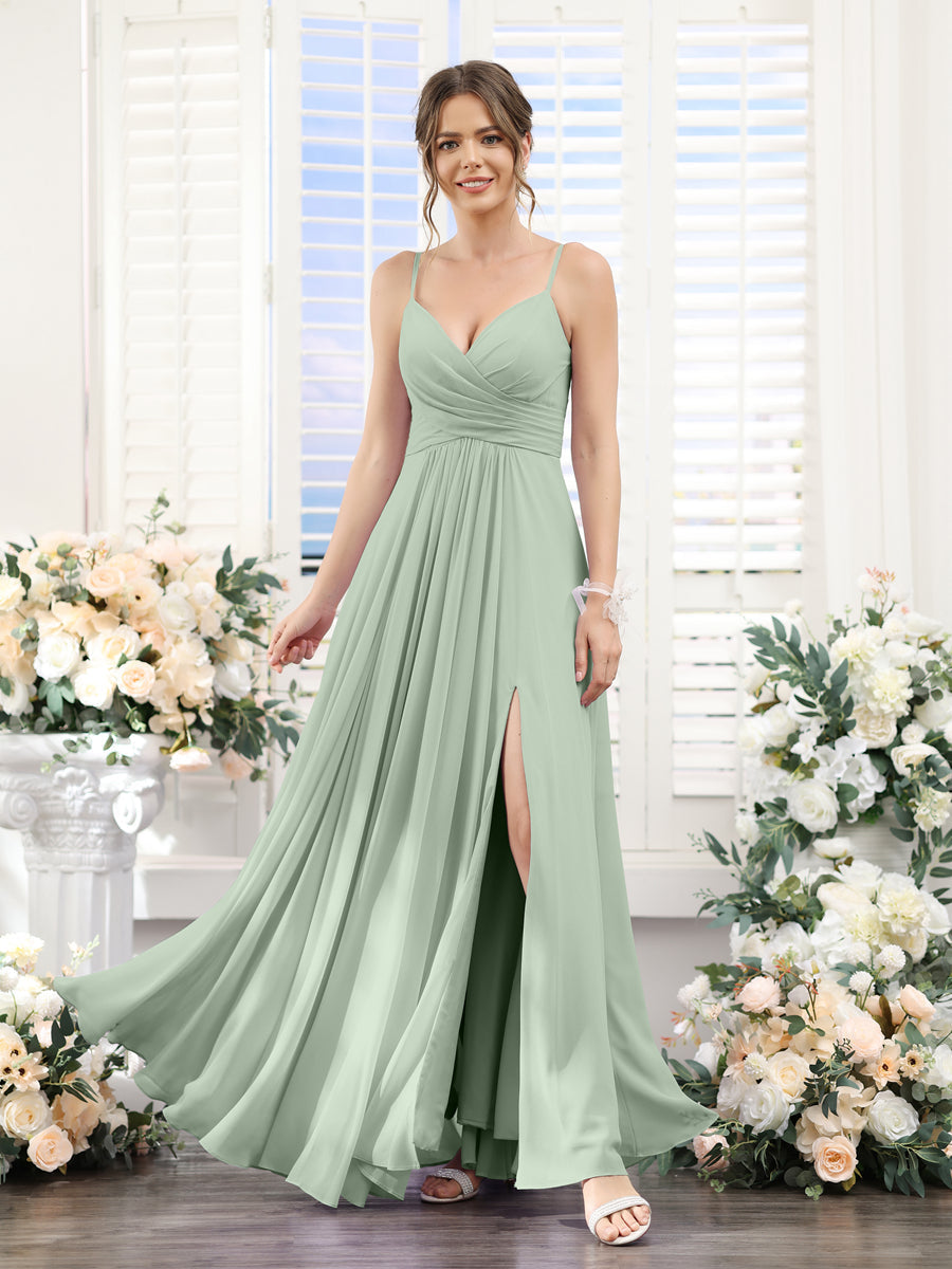 A-Line V-Neck Spaghetti Straps Sleeveless Split Side Floor-Length Chiffon Bridesmaid Dresses Sage