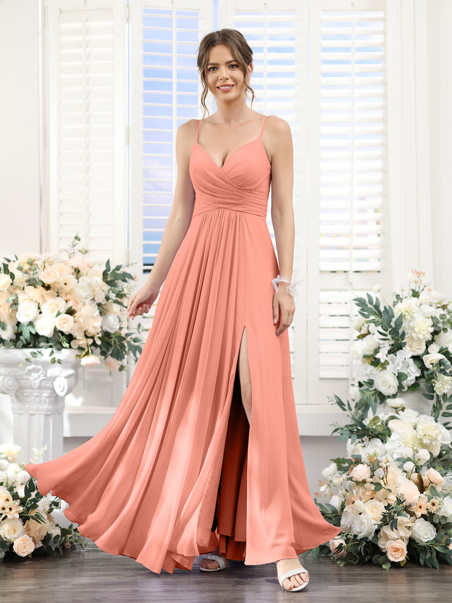 A-Line V-Neck Spaghetti Straps Sleeveless Split Side Floor-Length Chiffon Bridesmaid Dresses Salmon