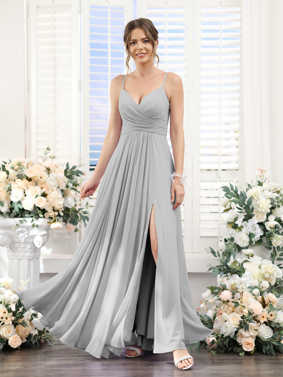 A-Line V-Neck Spaghetti Straps Sleeveless Split Side Floor-Length Chiffon Bridesmaid Dresses Silver