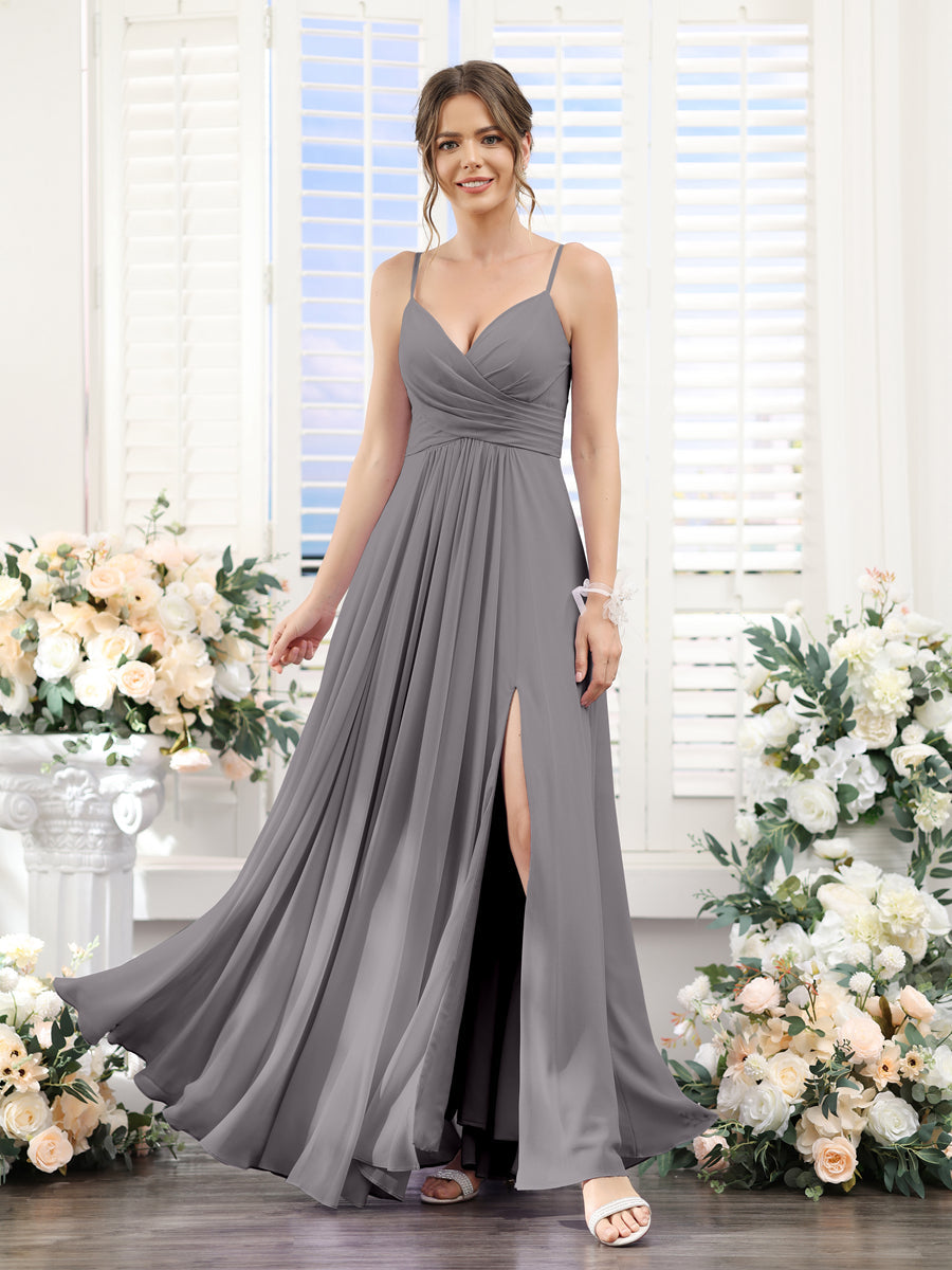 A-Line V-Neck Spaghetti Straps Sleeveless Split Side Floor-Length Chiffon Bridesmaid Dresses Silver Gray