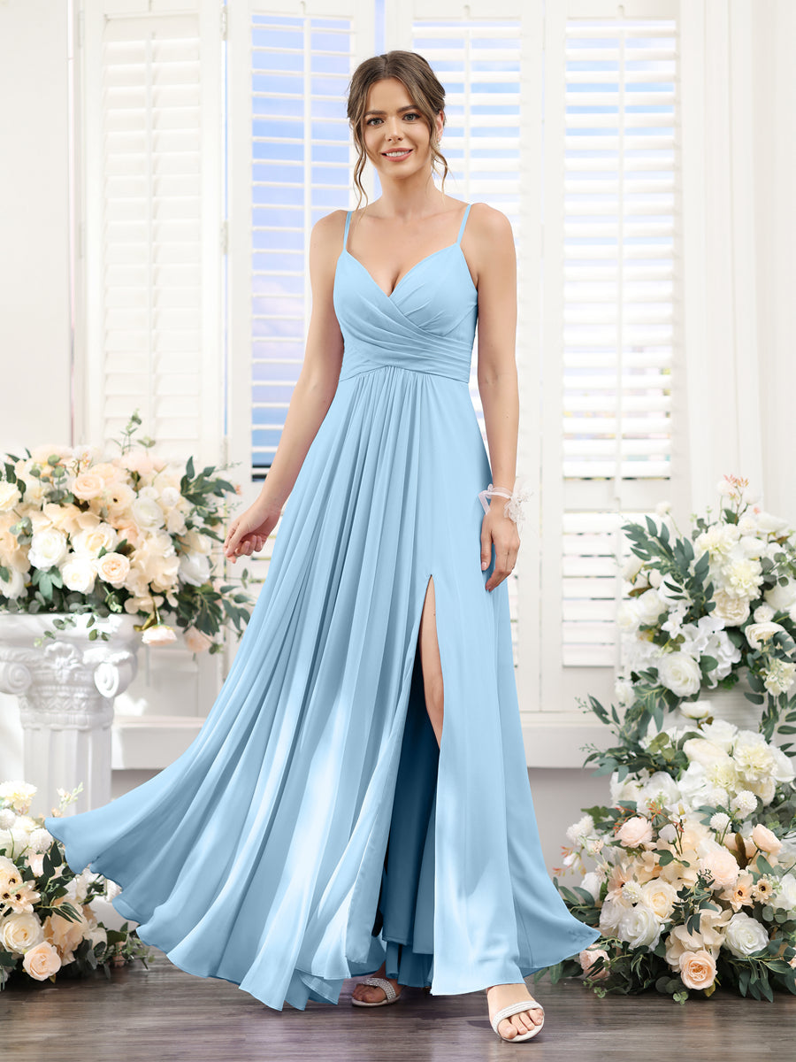 A-Line V-Neck Spaghetti Straps Sleeveless Split Side Floor-Length Chiffon Bridesmaid Dresses Sky Blue