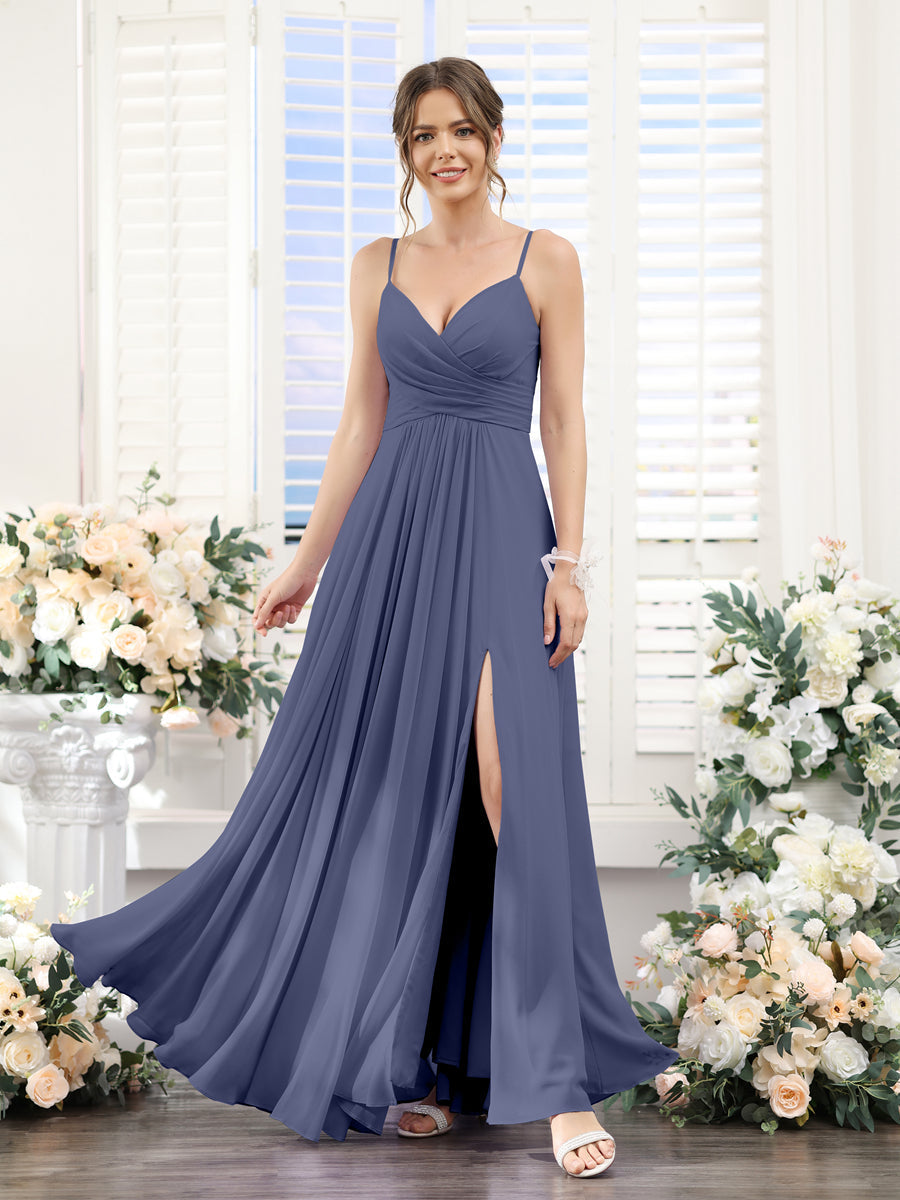 A-Line V-Neck Spaghetti Straps Sleeveless Split Side Floor-Length Chiffon Bridesmaid Dresses Stormy Blue