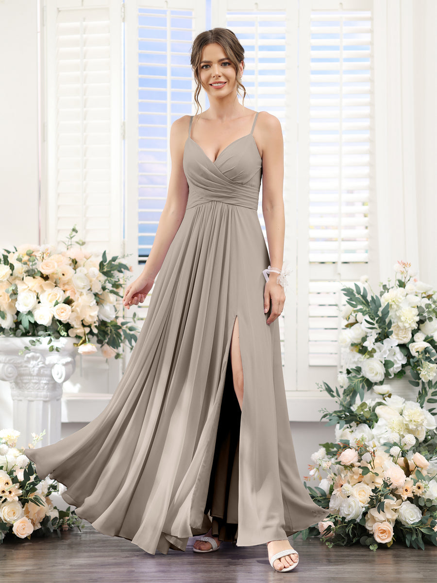 A-Line V-Neck Spaghetti Straps Sleeveless Split Side Floor-Length Chiffon Bridesmaid Dresses Taupe