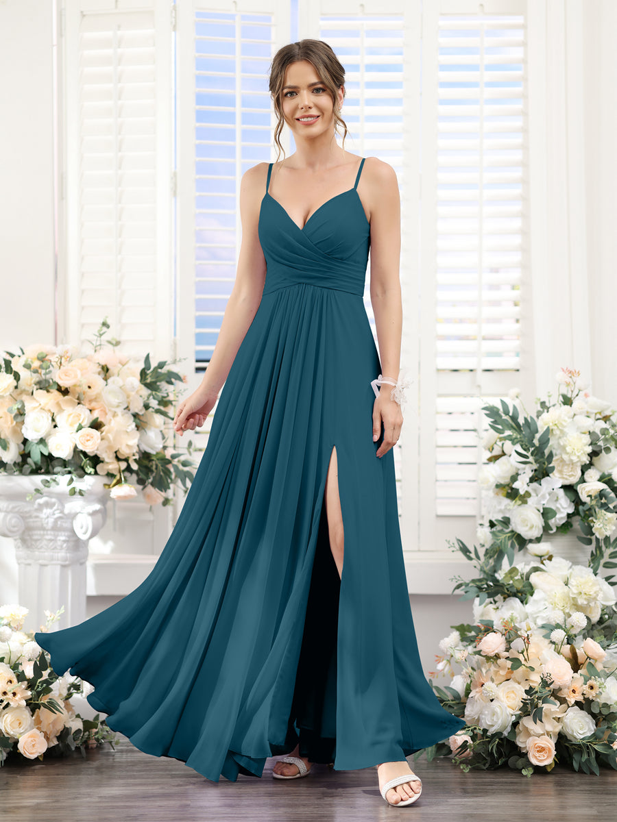 A-Line V-Neck Spaghetti Straps Sleeveless Split Side Floor-Length Chiffon Bridesmaid Dresses Teal