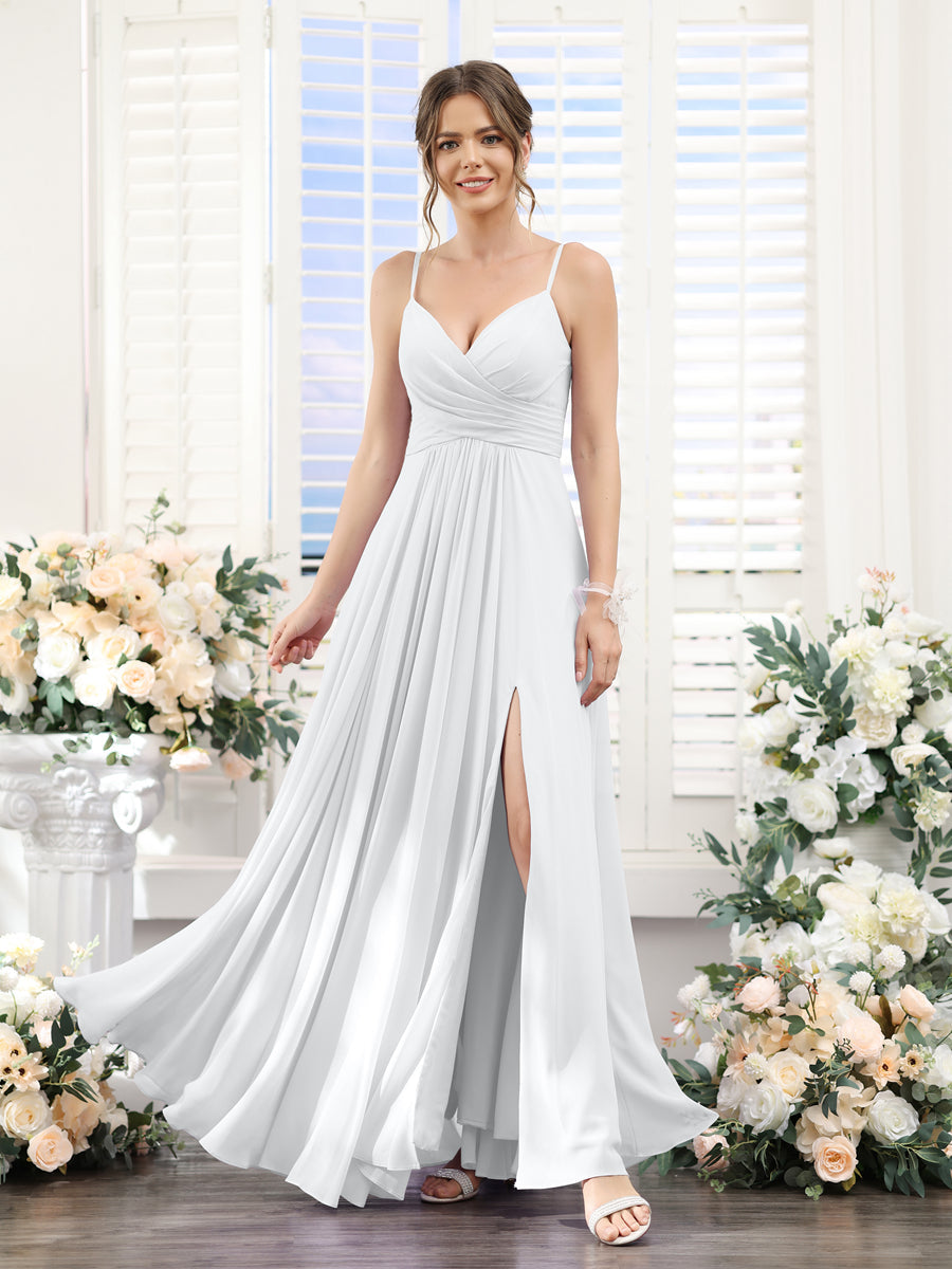 A-Line V-Neck Spaghetti Straps Sleeveless Split Side Floor-Length Chiffon Bridesmaid Dresses White