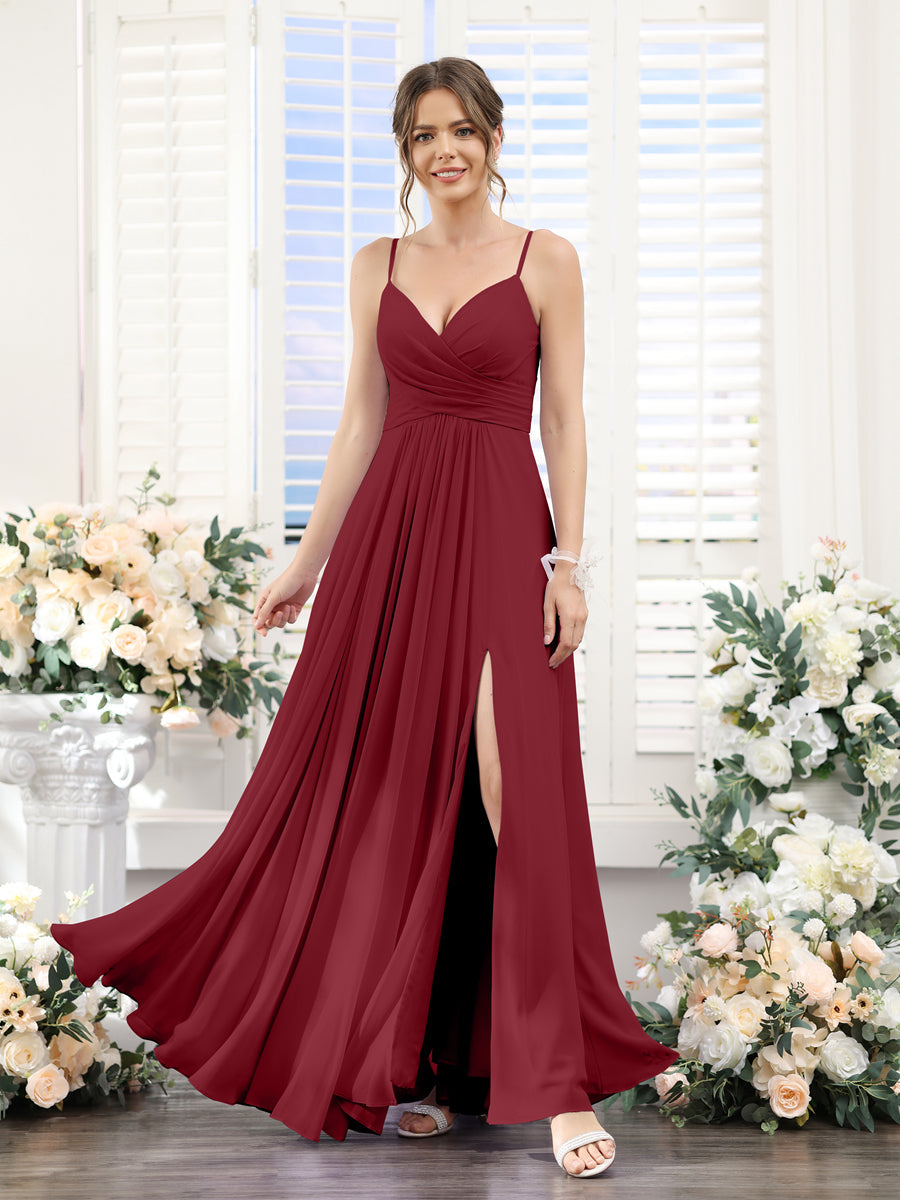 A-Line V-Neck Spaghetti Straps Sleeveless Split Side Floor-Length Chiffon Bridesmaid Dresses Wine Red