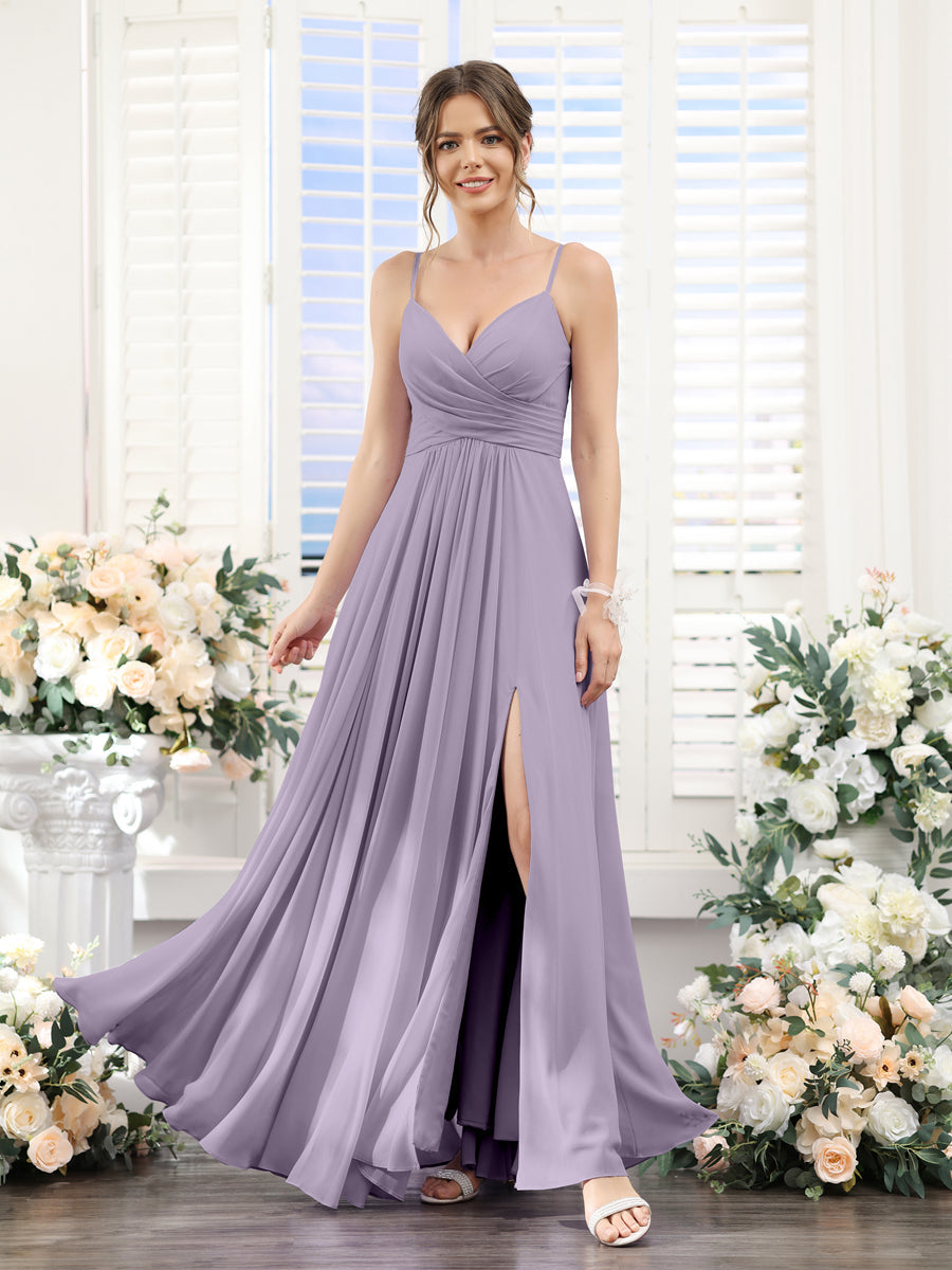 A-Line V-Neck Spaghetti Straps Sleeveless Split Side Floor-Length Chiffon Bridesmaid Dresses Wisteria