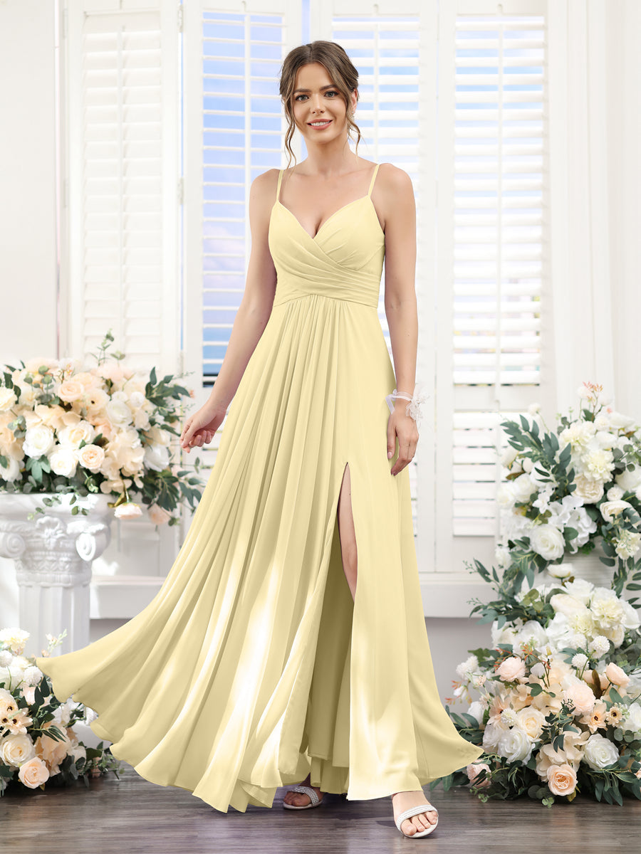 A-Line V-Neck Spaghetti Straps Sleeveless Split Side Floor-Length Chiffon Bridesmaid Dresses Yellow