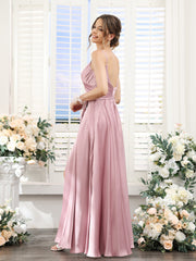 A-Line Spaghetti Straps Sleeveless Ruched Split Side Floor-Length Silk Satin Bridesmaid Dresses