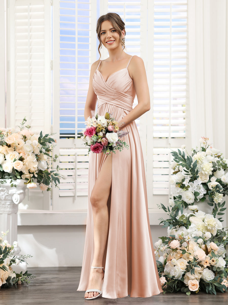 A-Line Spaghetti Straps Sleeveless Ruched Split Side Floor-Length Silk Satin Bridesmaid Dresses Blush Pink