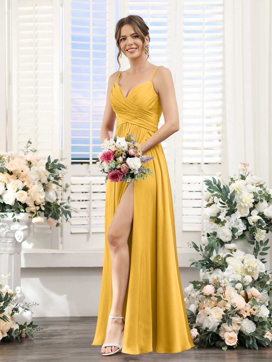 A-Line Spaghetti Straps Sleeveless Ruched Split Side Floor-Length Silk Satin Bridesmaid Dresses Mustard Yellow