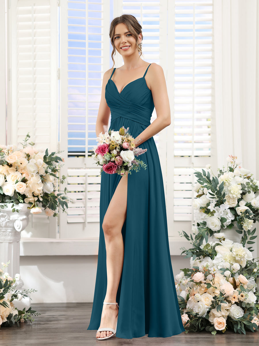 A-Line Spaghetti Straps Sleeveless Ruched Split Side Floor-Length Silk Satin Bridesmaid Dresses Teal