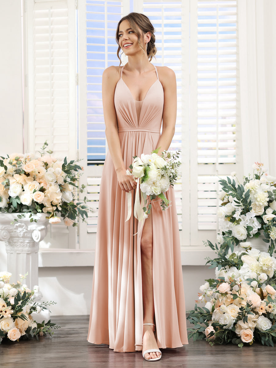 A-Line Spaghetti Straps Sleeveless Backless Split Side Floor-Length Chiffon Bridesmaid Dresses Blush Pink