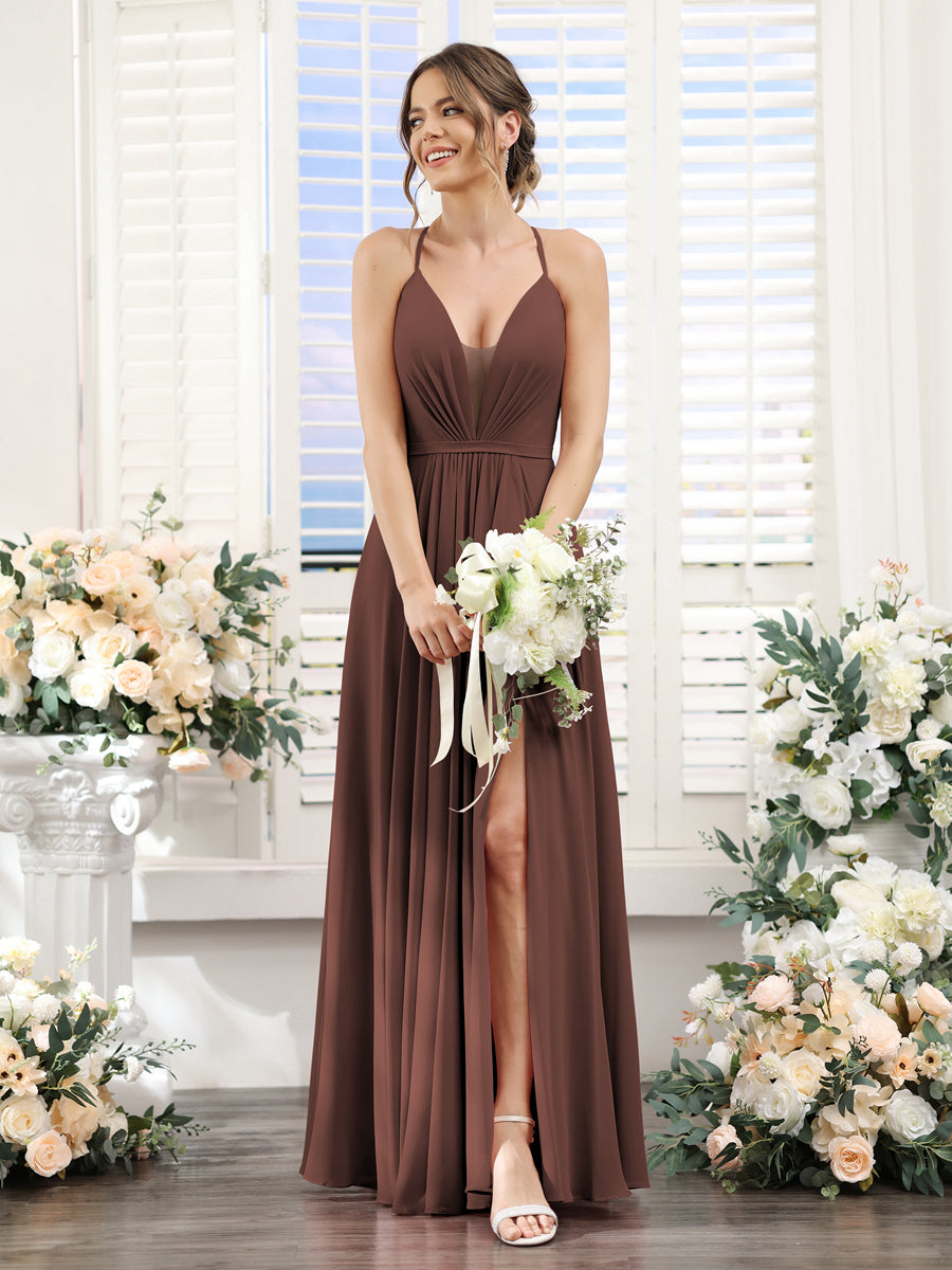 A-Line Spaghetti Straps Sleeveless Backless Split Side Floor-Length Chiffon Bridesmaid Dresses Brown