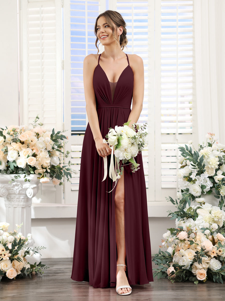 A-Line Spaghetti Straps Sleeveless Backless Split Side Floor-Length Chiffon Bridesmaid Dresses Burgundy
