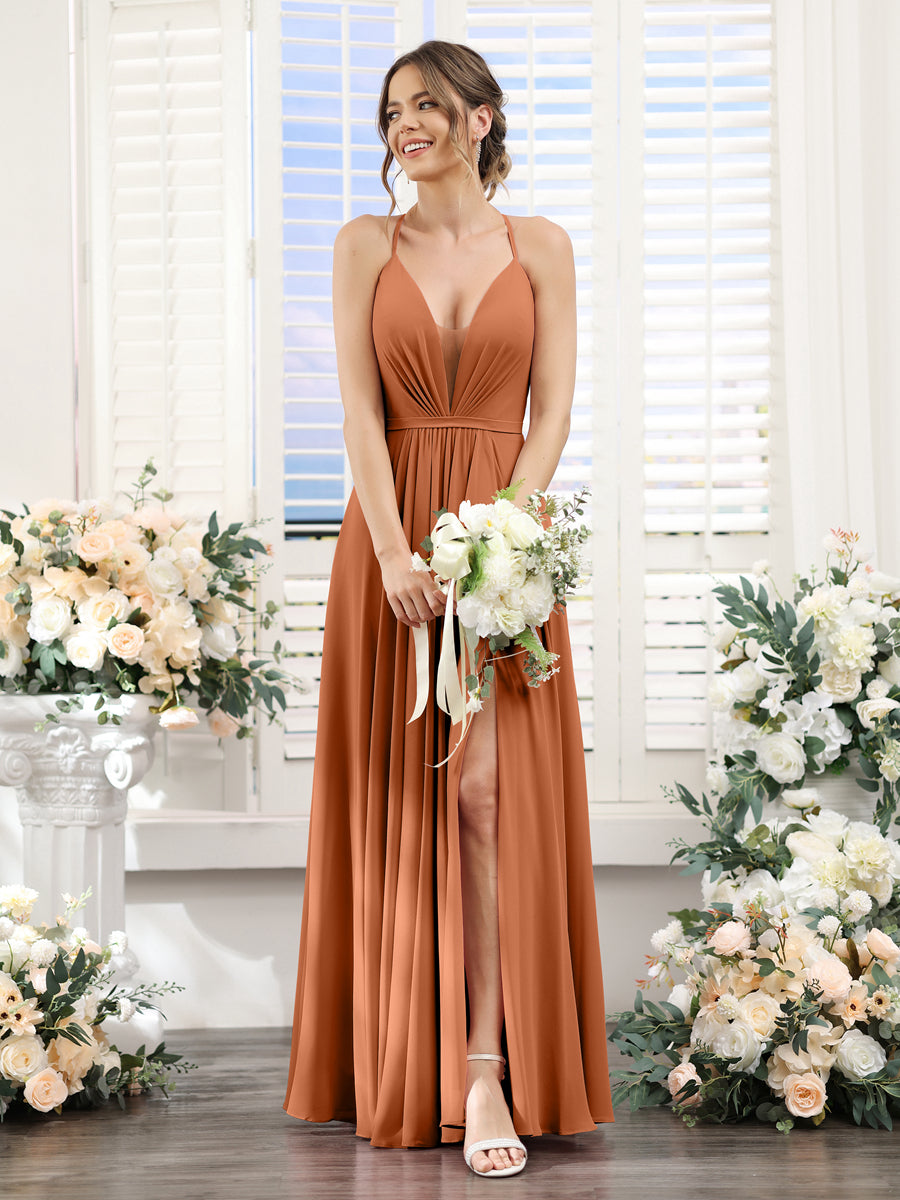 A-Line Spaghetti Straps Sleeveless Backless Split Side Floor-Length Chiffon Bridesmaid Dresses Burnt Orange