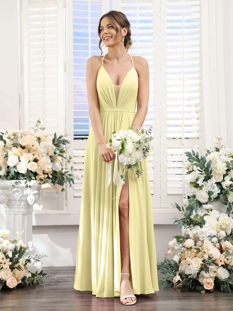 A-Line Spaghetti Straps Sleeveless Backless Split Side Floor-Length Chiffon Bridesmaid Dresses Canary