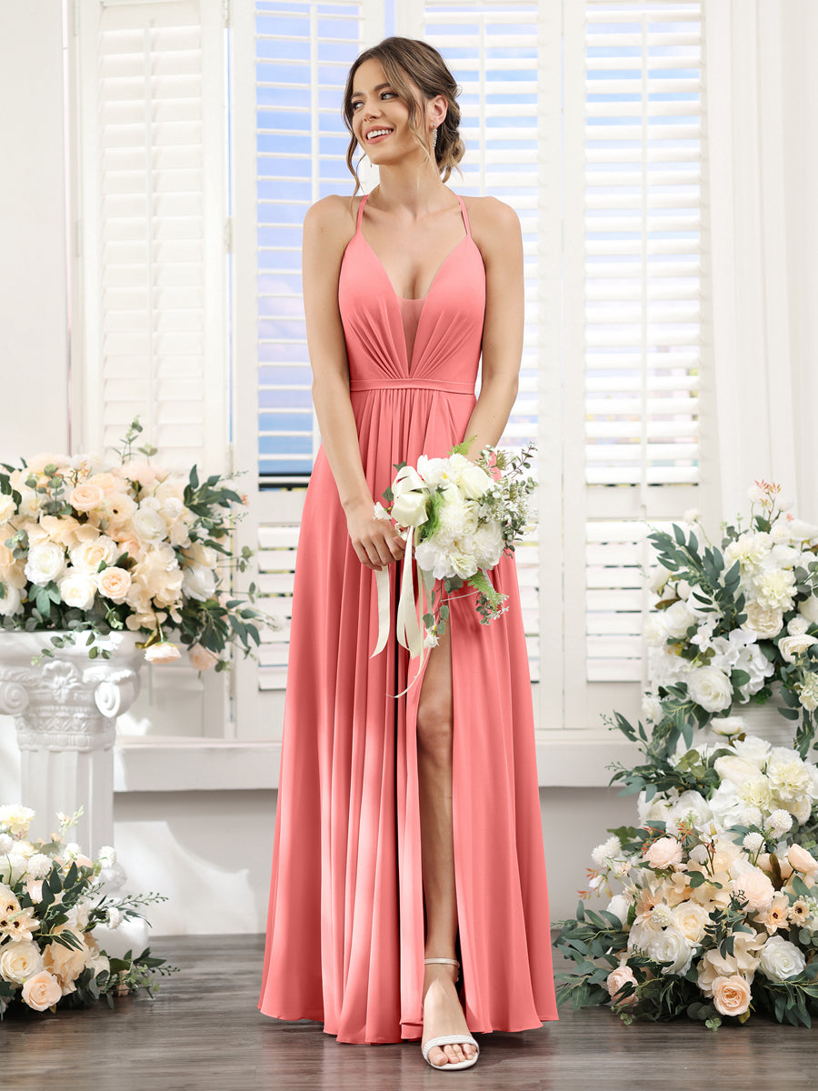 A-Line Spaghetti Straps Sleeveless Backless Split Side Floor-Length Chiffon Bridesmaid Dresses Coral